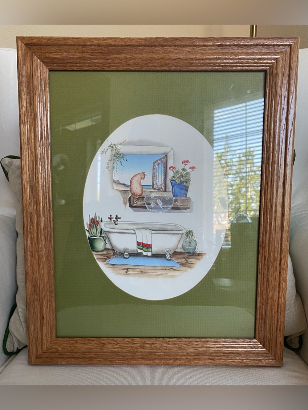 VTG Carol Jean Cat in Window Bathroom Wood Framed Print Olive Green Mat 11x17